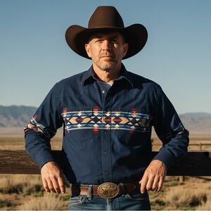 Wrangler Vintage 90s Aztec Southwestern Pearl Snap Western Cowboy ‎ Navy L/XL